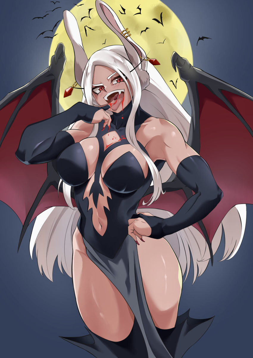 1girl absurdres animal_ears bare_shoulders bat_(animal) bat_wings black_dress black_gloves black_thighhighs blood blush boku_no_hero_academia breasts bridal_gauntlets dangle_earrings dark-skinned_female dark_skin dress earrings english_commentary fangs finger_to_mouth fingernails full_moon gloves halloween hand_on_own_hip highres jewelry large_breasts long_eyelashes long_fingernails long_hair looking_at_viewer low_wings mirko moon navel omanju25 open_mouth parted_bangs pelvic_curtain rabbit_ears rabbit_girl red_eyes red_nails smile solo thighhighs thighs toned tongue tongue_out very_long_hair white_hair wings