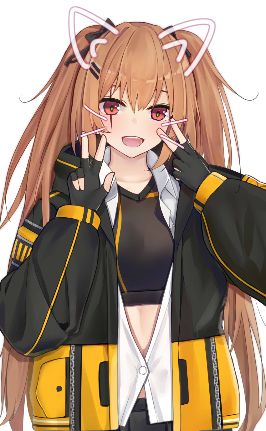 1girl :d absurdres black_bow black_gloves black_jacket black_pants black_shirt blush bow brown_hair crop_top double_v drawn_ears drawn_whiskers fingerless_gloves girls'_frontline gloves hair_bow hair_ornament hairclip hands_up highres jacket kotoha_(kotoha65) long_hair long_sleeves midriff_peek open_clothes open_jacket pants red_eyes scar scar_across_eye shirt simple_background smile solo teeth twintails ump9_(girls'_frontline) upper_body upper_teeth_only v very_long_hair white_background