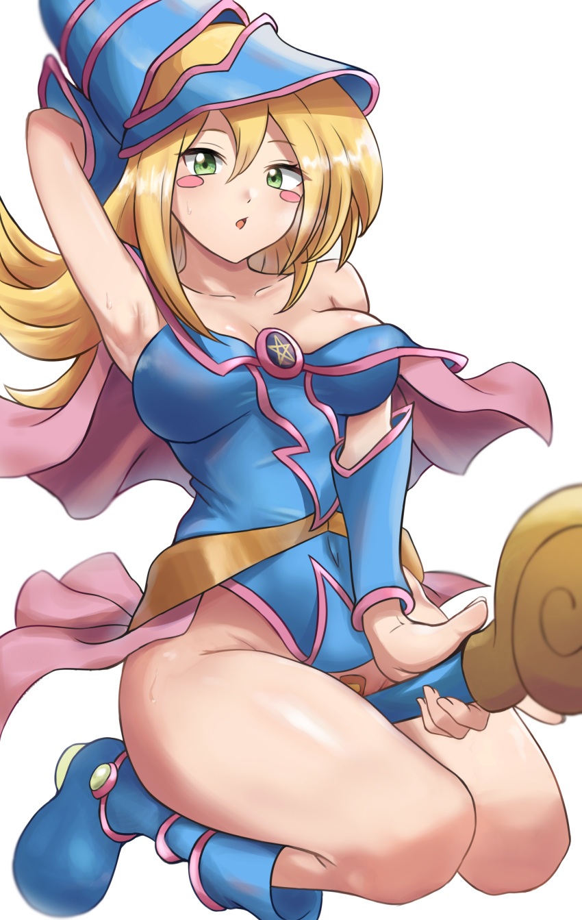 1girl absurdres arm_behind_head arm_up armpits bare_shoulders blonde_hair blue_footwear blue_headwear blush_stickers boots bottomless bracer breasts capelet collarbone dark_magician_girl duel_monster full_body green_eyes hat highres holding holding_staff large_breasts long_hair looking_at_viewer maebari open_mouth pentacle pentagram pink_capelet riding simple_background solo staff staff_riding sweat thighs unnunal_(unneonal) wand white_background wizard_hat yu-gi-oh!