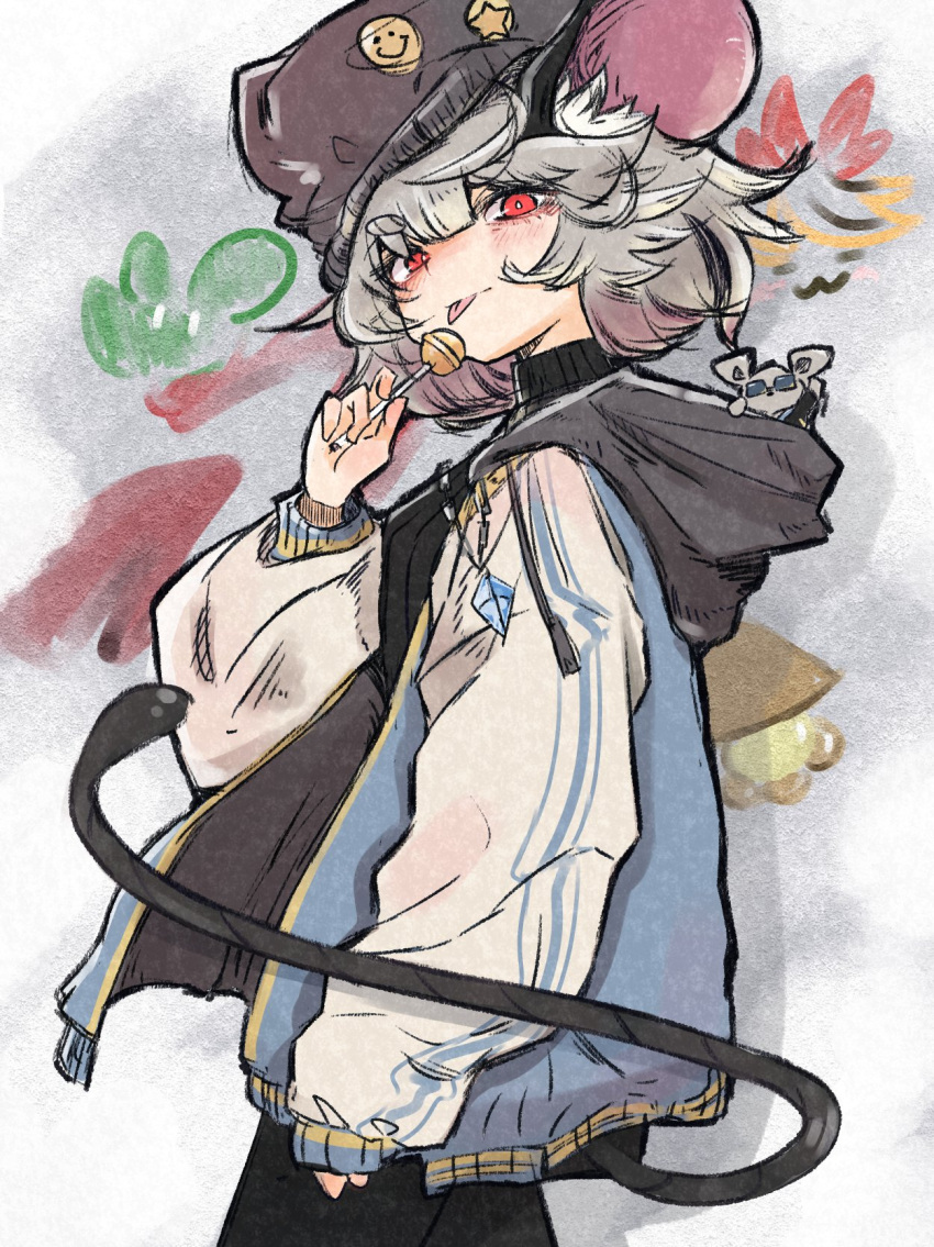 1girl alternate_costume animal_ears black_headwear blush candy cowboy_shot deal360acv food from_side grey_hair hat highres holding holding_candy holding_food jewelry long_sleeves mouse_ears mouse_tail nazrin pendant red_eyes short_hair solo tail tongue tongue_out touhou