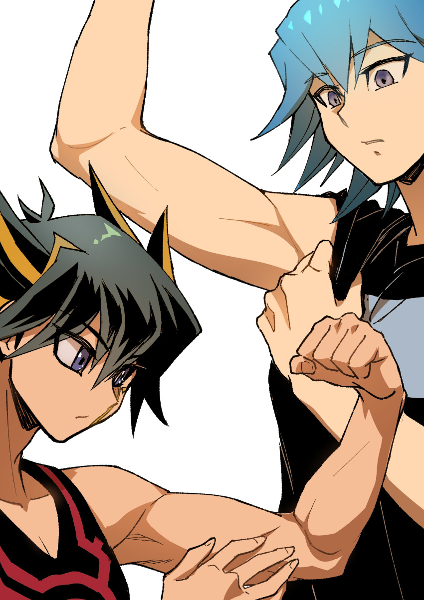 absurdres adjusting_clothes biceps black_hair black_shirt black_tank_top blue_eyes blue_hair bruno_(yu-gi-oh!) comparison expressionless facial_mark facial_tattoo flexing fudou_yuusei grey_eyes hand_on_own_arm highres looking_down looking_to_the_side marking_on_cheek multicolored_hair muscular muscular_male parted_lips shirt short_hair simple_background size_comparison spiked_hair standing streaked_hair t-shirt tank_top tattoo white_background youko-shima yu-gi-oh! yu-gi-oh!_5d's