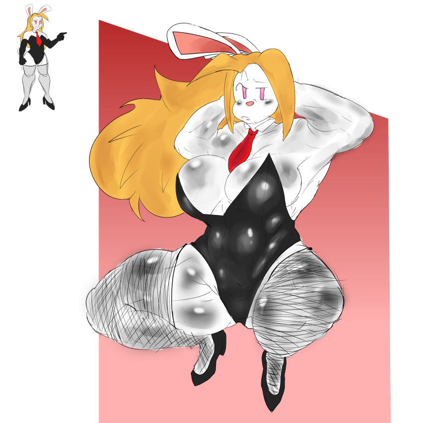 absurd_res anthro big_breasts black_clothing black_footwear black_leotard black_shoes blonde_hair breasts bunny_costume cleavage clothed clothing costume crouching eyebrows female fishnet fishnet_legwear footwear fur hair hands_behind_head hi_res huge_breasts lagomorph legwear leotard leporid long_hair looking_at_viewer mammal necktie pink_background pink_eyes rabbit raised_eyebrow red_necktie simple_background solo sussyrock thick_thighs white_background white_body white_fur wide_hips