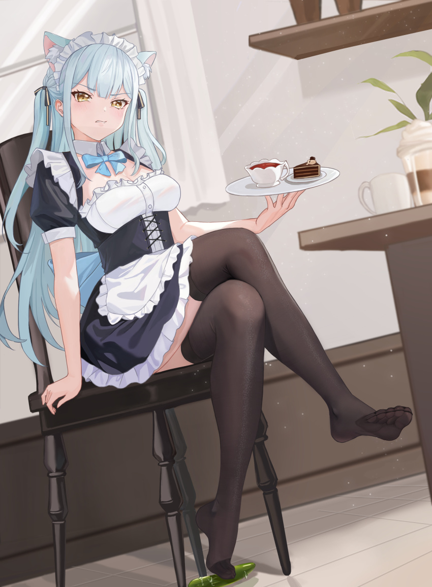 1girl absurdres animal_ear_fluff animal_ears bang_dream! bang_dream!_it's_mygo!!!!! black_thighhighs blue_hair blue_ribbon blush breasts cake cake_slice cat_ears chinese_commentary cleavage commentary_request corset crossed_legs detached_collar disgust food highres holding holding_tray indoors legs light_blue_hair looking_at_viewer maid maid_headdress medium_breasts neck_ribbon no_shoes on_chair puffy_short_sleeves puffy_sleeves ribbon short_sleeves sitting soles solo thighhighs togawa_sakiko tray twintails xiongji_z_z yellow_eyes