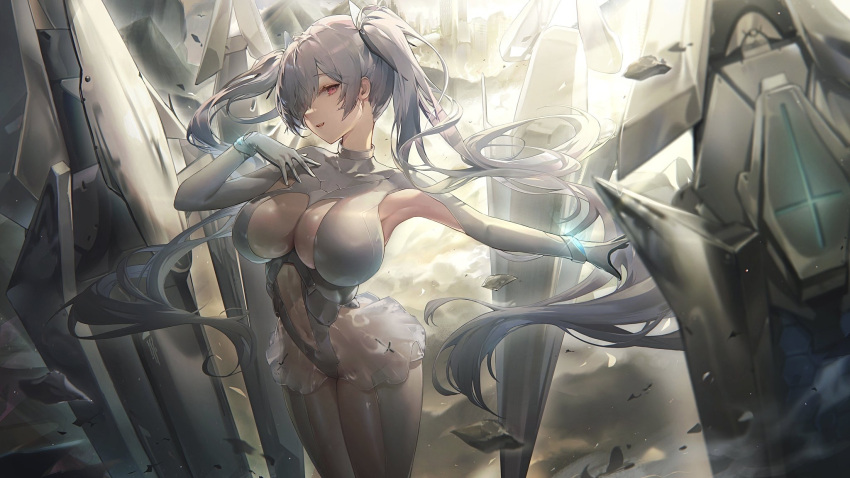 1girl armpit_cutout armpits bodysuit breasts cinderella_(nikke) cleavage clothing_cutout commentary covered_collarbone covered_navel cowboy_shot dress floating_hair gloves goddess_of_victory:_nikke grey_bodysuit grey_gloves grey_hair grey_leotard hair_between_eyes hair_over_one_eye hand_on_own_chest highres hisiya_(wldn1112) large_breasts leotard long_hair looking_at_viewer parted_lips pink_eyes rigging see-through see-through_cleavage see-through_dress sidelocks smile solo standing twintails