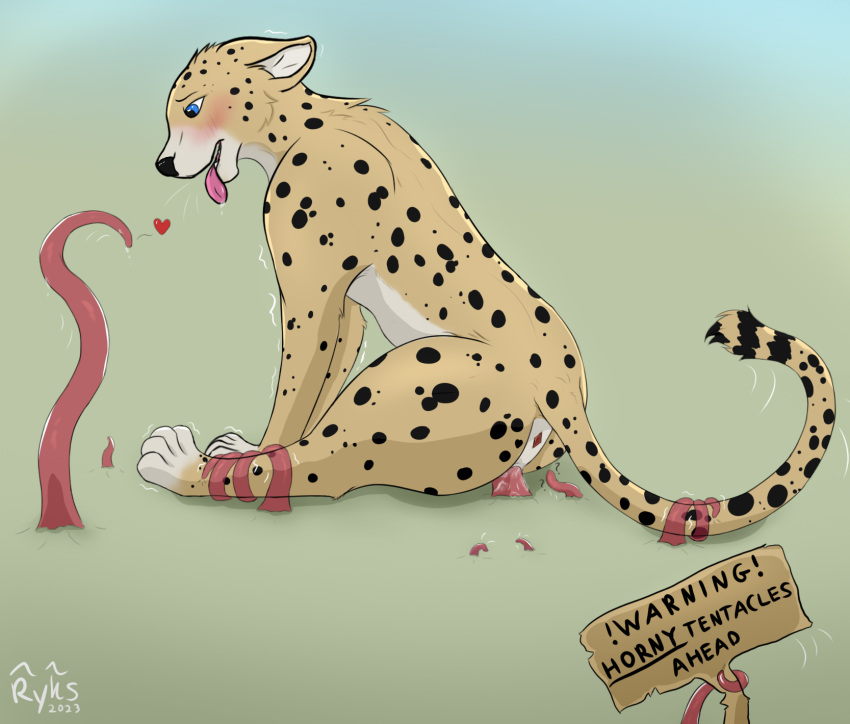 &lt;3 anus breath cheetah felid feline female feral genitals hi_res mammal open_mouth panting penetration pussy ryks sign solo tentacles vaginal vaginal_penetration warning_sign