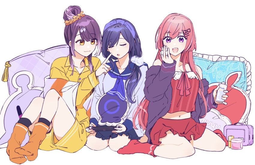 3girls :3 alternate_costume alternate_hairstyle amagase_muyu applying_makeup black_socks blanket blue_bow blue_hair blue_hairband bow breasts cleavage color_coordination full_body hair_bun hair_ornament hairband hairclip handheld_game_console highres long_hair lotion makeup multiple_girls nijisanji orange_socks pajamas pillow pink_eyes ponto_nei ranunculus_(nijisanji) red_hair red_pajamas red_socks school_uniform screentones shorts sleeping sleeveless smile socks srkm_ice striped ufo_hair_ornament umise_yotsuha virtual_youtuber white_background yellow_eyes yellow_pajamas yellow_shorts