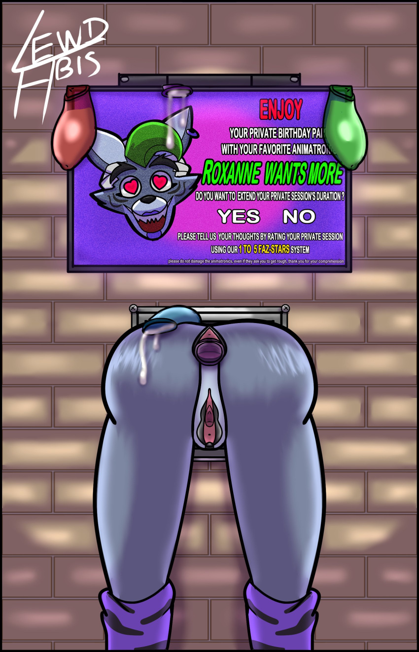 &lt;3 &lt;3_eyes absurd_res anthro anus big_butt bodily_fluids brick_background brick_wall butt canid canine canis cheek_tuft clothing condom condom_in_ass cum cum_filled_condoms ear_piercing ear_ring facial_markings facial_tuft female filled_condom five_nights_at_freddy's five_nights_at_freddy's:_security_breach fur genital_fluids genitals green_highlights grey_body grey_fur hair head_markings hi_res highlights_(coloring) legwear lewdabis lipstick looking_at_viewer makeup mammal markings open_mouth pattern_clothing pattern_legwear piercing purple_clothing purple_legwear purple_lipstick pussy ring_piercing roxanne_wolf_(fnaf) scottgames sexual_barrier_device solo steel_wool_studios stuck text thick_thighs through_wall tuft wall_(structure) white_hair wide_hips wolf