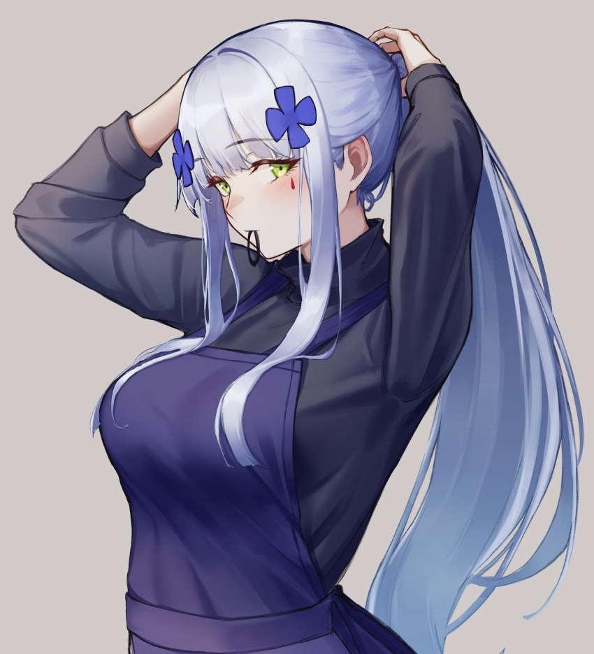 1girl 3_small_spiders apron commentary_request facial_mark from_side girls'_frontline green_eyes grey_background hair_tie_in_mouth highres hk416_(girls'_frontline) long_hair long_sleeves mouth_hold ponytail purple_apron sidelocks simple_background solo teardrop_facial_mark tying_hair upper_body white_hair