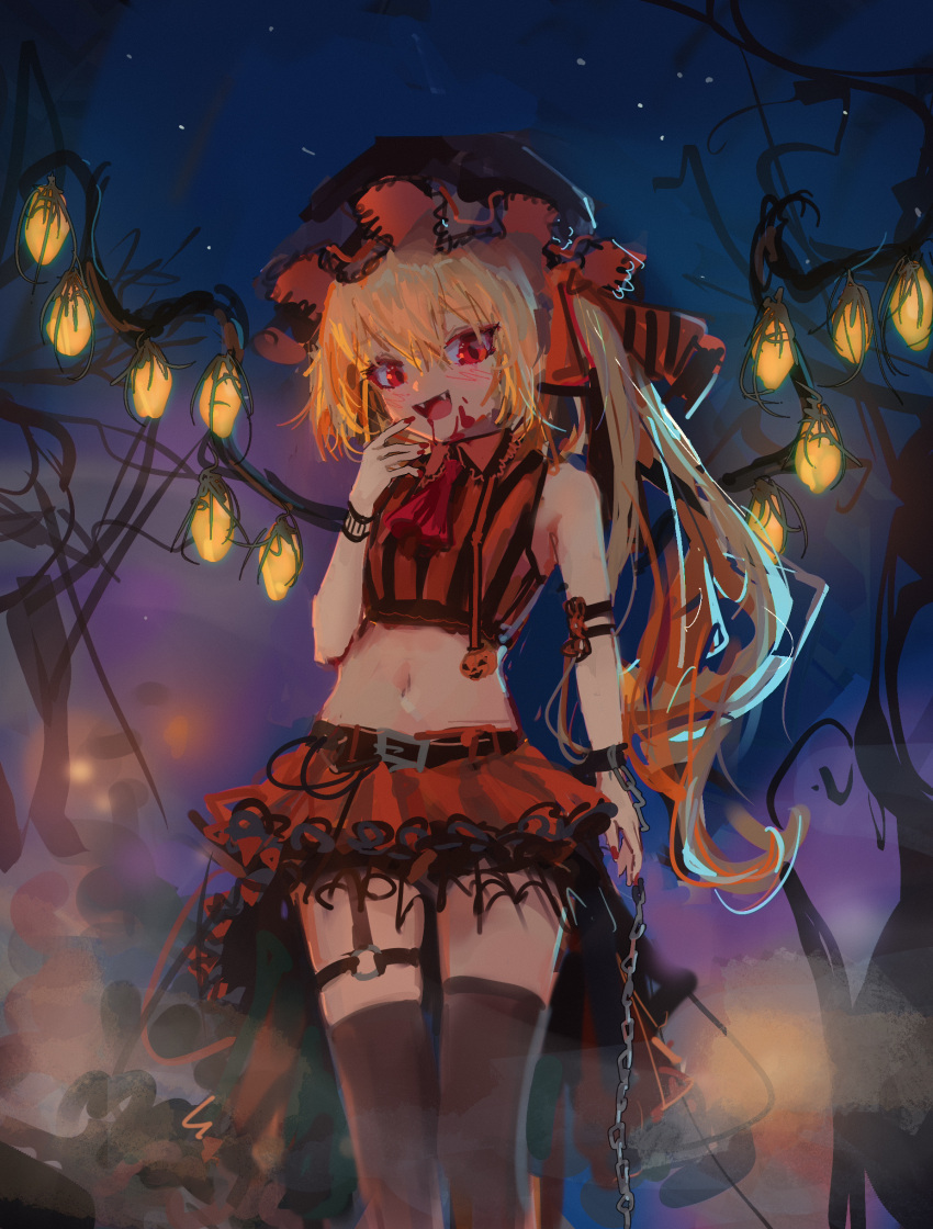 1girl :d absurdres alternate_costume alternate_headwear_color arm_at_side armband black_headwear black_thighhighs blonde_hair blood blood_on_face fangs feet_out_of_frame fingernails flandre_scarlet halloween halloween_costume hand_up hat high-low_skirt highres long_hair midriff mob_cap nail_polish navel night o-ring o-ring_thigh_strap one_side_up open_mouth red_eyes red_nails reddizen sketch smile solo thigh_strap thighhighs touhou wings