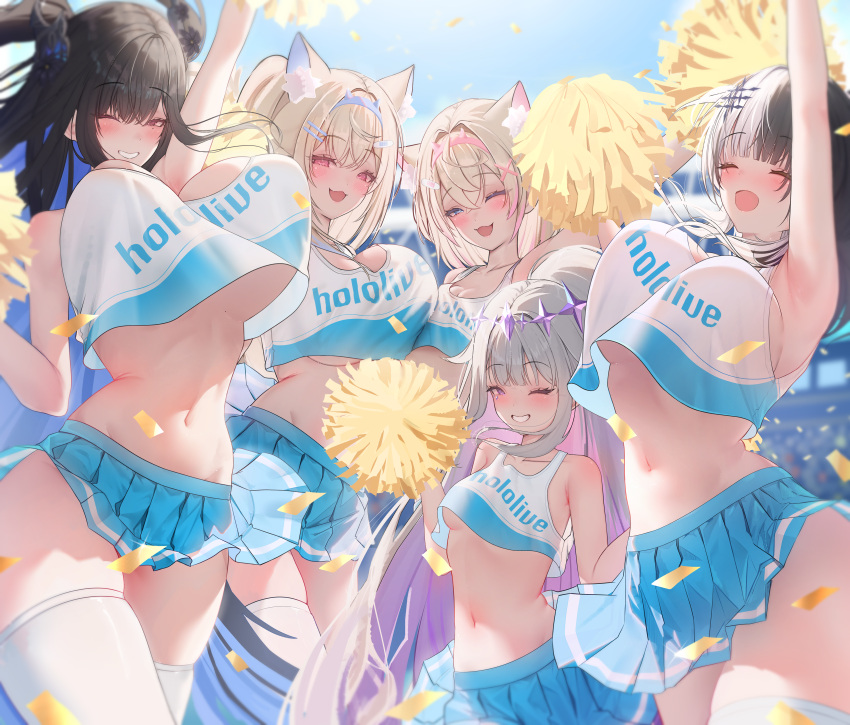 5girls absurdres alternate_costume animal_ear_fluff animal_ears arm_up armpits asymmetrical_docking asymmetrical_horns bandaid_hair_ornament bare_shoulders black_hair blonde_hair blue_eyes blue_hair blue_hairband blue_skirt blue_sky blush bouncing_breasts breast_press breasts cheerleader cleavage closed_eyes colored_inner_hair commentary confetti crop_top crossed_bangs demon_horns dog_ears dog_girl dog_tail double-parted_bangs dress english_commentary fake_horns fuwawa_abyssgard gradient_hair grey_hair hair_between_eyes hair_flaps hair_intakes hair_ornament hairband hairclip headpiece highres holding holding_pom_poms holoadvent hololive hololive_english horns huge_breasts jewel_under_eye jumping koseki_bijou large_breasts long_hair looking_at_viewer microskirt mococo_abyssgard mole mole_on_breast mole_under_eye multicolored_hair multiple_girls navel nerissa_ravencroft no_bra no_panties one_eye_closed open_mouth pink_eyes pink_hair pink_hairband pleated_skirt pom_pom_(cheerleading) ponytail prab purple_eyes purple_hair red_eyes shiori_novella short_hair siblings sisters skindentation skirt sky small_breasts smile solo split-color_hair stomach streaked_hair symmetrical_docking tail teeth thighhighs thighs twins two-tone_hair two_side_up underboob very_long_hair virtual_youtuber white_background white_thighhighs wide_ponytail x_hair_ornament