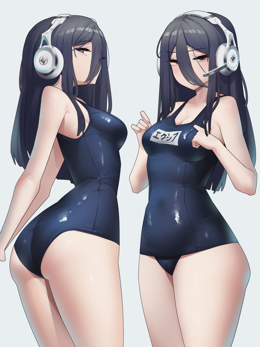 1girl absurdres adjusting_clothes adjusting_swimsuit ass black_eyes black_hair breasts cleavage exia_(nikke) gloomyowl goddess_of_victory:_nikke headset highres long_hair looking_at_viewer looking_back medium_breasts multiple_views one-piece_swimsuit school_swimsuit simple_background standing swimsuit