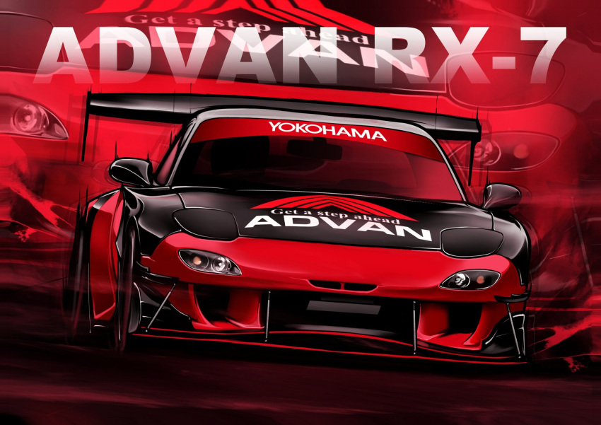 car chris_ilst commission highres mazda mazda_rx-7 mazda_rx-7_fd motion_blur motor_vehicle no_humans original race_vehicle racecar vehicle_focus vehicle_name zoom_layer