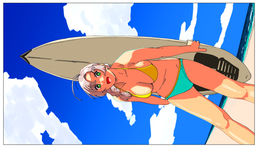 1girl antenna_hair beach bikini blue_sky braid breasts cleavage cloud day feet_out_of_frame green_eyes grey_hair hair_over_shoulder highres kantai_collection kinugasa_(kancolle) kinugasa_kai_ni_(kancolle) long_hair looking_at_viewer medium_breasts mismatched_bikini ojipon open_mouth outdoors parted_bangs sideways single_braid sky smile solo surfboard swimsuit