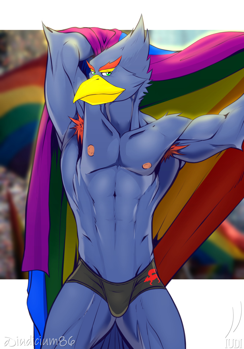 abs anthro armpit_hair avian bird black_clothing black_underwear body_hair clothing falco_lombardi flag hi_res invalid_tag iudicium86 lgbt_pride male nintendo nipples pride_colors public rainbow_pride_colors solo star_fox underwear