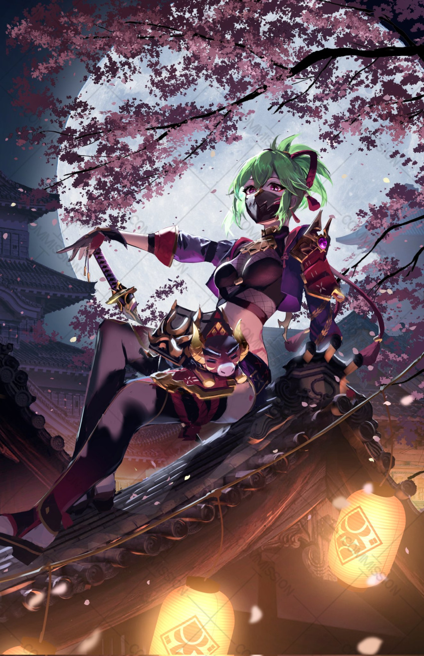 1girl architecture armor black_mask body_markings bull cherry_blossoms crop_top cropped_jacket east_asian_architecture fishnet_top fishnets genshin_impact gloves green_hair highres horns jacket kuki_shinobu mask meltyrice moon mouth_mask night night_sky ninja ninja_mask oni_horns outdoors partially_fingerless_gloves purple_eyes purple_jacket rooftop rope shimenawa short_shorts shorts shoulder_armor sky sword tree ushi_(genshin_impact) weapon