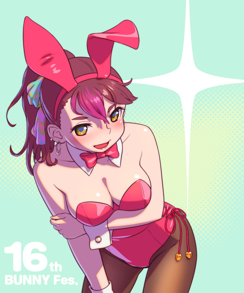 1girl absurdres animal_ears blue_background bow bowtie breasts brown_hair brown_pantyhose cleavage commentary_request cowboy_shot detached_collar fukusuke_hachi-gou gradient_background hair_ribbon highres leaning_forward leotard long_hair medium_breasts multicolored_eyes original pantyhose playboy_bunny ponytail rabbit_ears red_bow red_bowtie ribbon side-tie_leotard solo sparkle wrist_cuffs