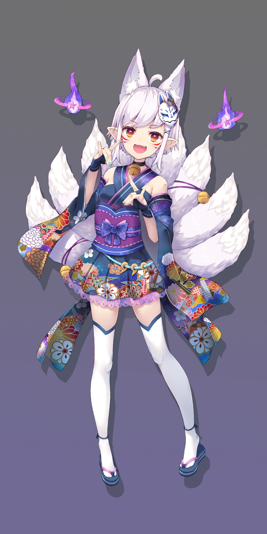 1girl :d absurdres animal_ear_fluff animal_ears bare_shoulders bell black_choker blue_background blue_footwear blue_gloves blue_kimono blue_sleeves character_request choker commentary_request detached_sleeves double_fox_shadow_puppet facepaint fang floral_print fox_ears fox_girl fox_shadow_puppet fox_tail full_body gloves gradient_background grey_background highres hitodama iriam japanese_clothes jingle_bell kimono kitsune long_sleeves looking_at_viewer nakazawa_aki neck_bell obi official_art pointy_ears print_kimono red_eyes sash short_hair sleeveless sleeveless_kimono smile solo standing tail thighhighs virtual_youtuber white_hair white_thighhighs wide_sleeves zouri