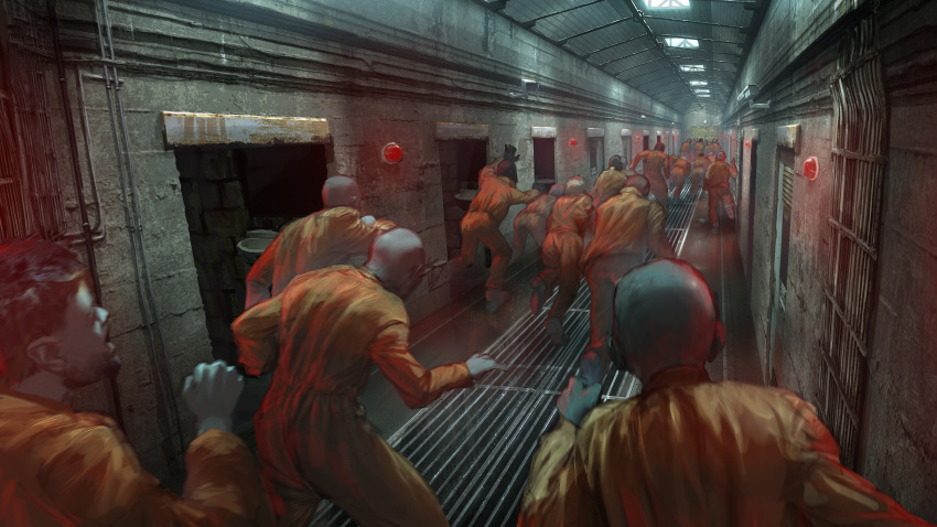 6+boys absurdres alarm_siren bald beard black_hair chinese_commentary commentary_request door facial_hair girls'_frontline highres indoors jumpsuit long_sleeves manha_utsutsuki multiple_boys official_art open_door orange_jumpsuit prison prison_break prison_clothes running scenery security_camera shoes short_hair sink skylight very_short_hair