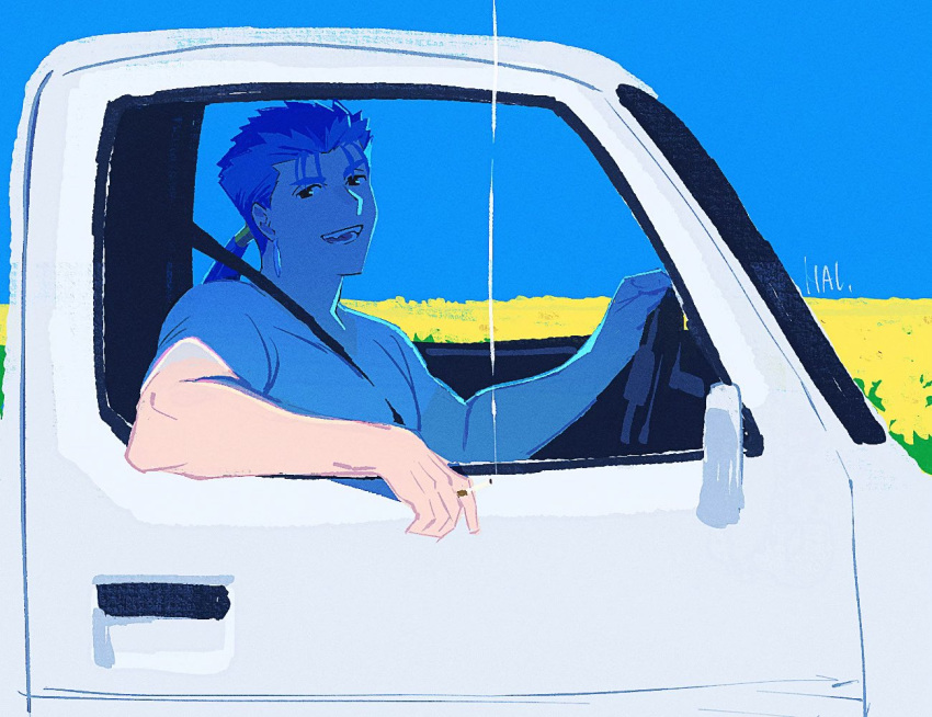 1boy between_fingers blue_hair blue_sky cu_chulainn_(fate) driving earrings fate_(series) field flower flower_field hal_(haaaalhal) holding jaggy_lines jewelry looking_at_viewer male_focus motor_vehicle pickup_truck ponytail shirt short_sleeves signature sky smoke smoking solo teeth truck white_shirt