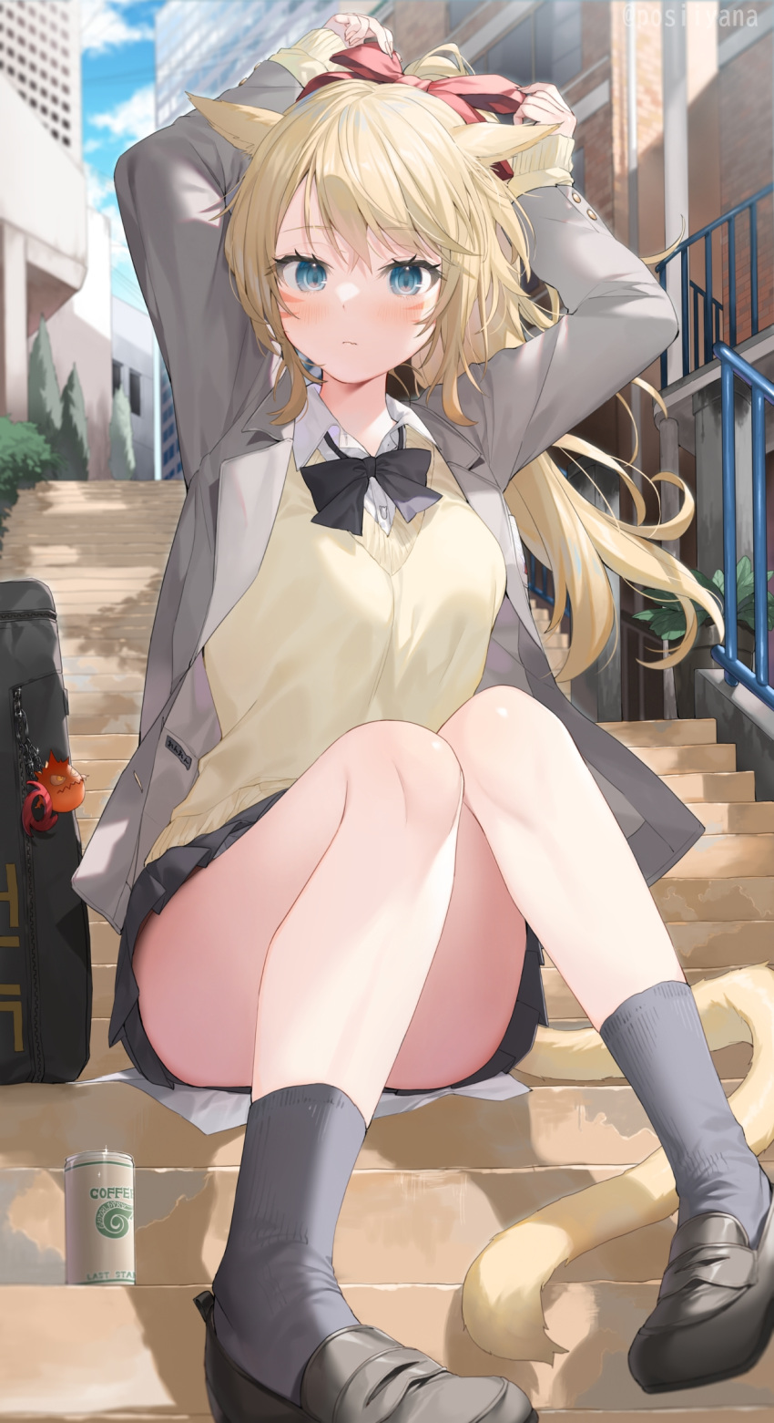 1girl animal_ears arms_up black_bow black_bowtie black_footwear black_skirt blazer blonde_hair blue_eyes bow bowtie breasts closed_mouth collared_shirt convenient_leg day dress_shirt facial_mark final_fantasy final_fantasy_xiv grey_jacket grey_socks hair_ribbon highres jacket knees_up lapels light_blush loafers long_hair long_sleeves medium_breasts miqo'te notched_lapels open_clothes open_jacket outdoors pleated_skirt ponytail railing red_ribbon ribbon shirt shoes sitting sitting_on_stairs skirt socks solo stairs sweater_vest tail twitter_username tying_hair whisker_markings white_shirt yana_mori