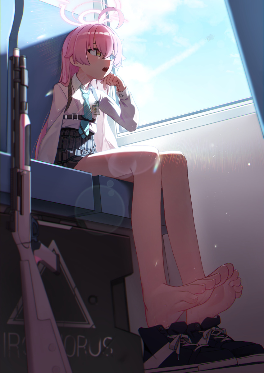 absurdres ahoge aqua_necktie bare_legs barefoot black_skirt blue_archive blue_eyes blue_sky chest_harness cloud collared_shirt commentary day fang feet foot_focus foreshortening gun halo harness heterochromia highres hoshino_ruri id_card indoors legs long_hair long_legs long_sleeves looking_outside loose_necktie necktie open_mouth orange_eyes pink_hair plaid plaid_skirt pleated_skirt riot_shield shield shirt shoes shoes_removed shotgun skirt sky soles sunlight sweat toes very_long_hair weapon white_shirt whonyang window