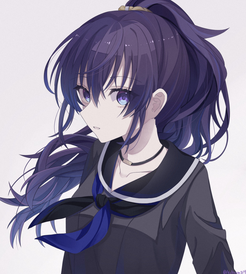 1girl absurdres asahina_mafuyu black_choker black_neckerchief black_sailor_collar black_shirt blue_hair blue_neckerchief choker collarbone gradient_hair hair_between_eyes hair_tie high_ponytail highres long_hair long_sleeves looking_at_viewer multicolored_hair neckerchief noneon319 parted_lips pendant_choker project_sekai purple_eyes purple_hair raised_eyebrows sailor_collar shirt sidelocks signature simple_background solo two-tone_neckerchief upper_body white_background