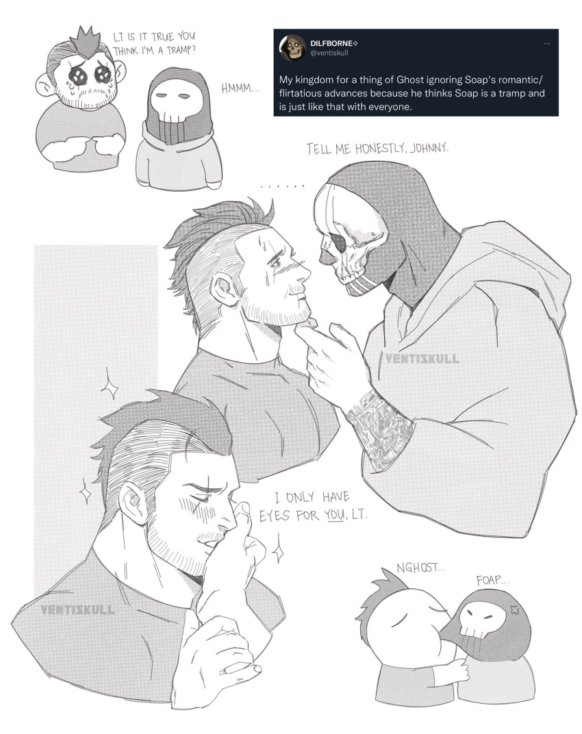 2boys arm_tattoo artist_name bara blush call_of_duty call_of_duty:_modern_warfare_2 closed_eyes couple dilfborne_(ventiskull) english_text facial_hair ghost_(modern_warfare_2) hand_on_another's_face highres hood hood_up hoodie looking_at_another male_focus mask multiple_boys multiple_views muscular muscular_male shirt short_hair skull_mask soap_(modern_warfare_2) tattoo yaoi