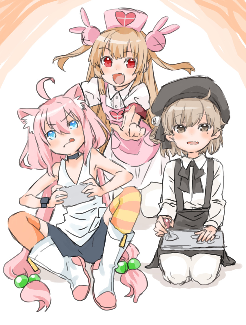 3girls :q absurdres animal_ear_fluff animal_ears apron arcade_stick asymmetrical_legwear beret bike_shorts black_headwear black_ribbon black_skirt blonde_hair blue_eyes blush boots brown_eyes brown_hair cat_ears cat_girl center_frills closed_mouth collared_dress commentary controller dress english_commentary fang frills frown game_controller hair_bobbles hair_ornament hair_ribbon hat hatoba_tsugu heart heart_print highres hinata_channel holding holding_controller holding_game_controller joystick knee_boots knees_apart_feet_together knees_up long_hair low_twintails mayoineko medium_hair mismatched_legwear mole mole_under_eye multiple_girls natori_sana neck_ribbon nekomiya_hinata nurse_cap orange_thighhighs pantyhose pink_apron pink_hair playing_games pointing puffy_short_sleeves puffy_sleeves rabbit_hair_ornament red_eyes ribbon sana_channel seiza shirt short_sleeves single_hair_ring sitting skirt smile striped striped_thighhighs suspender_skirt suspenders tank_top thighhighs tongue tongue_out tsugu_(vtuber) twintails two_side_up v-shaped_eyebrows very_long_hair virtual_youtuber white_dress white_pantyhose white_shirt white_tank_top yellow_thighhighs