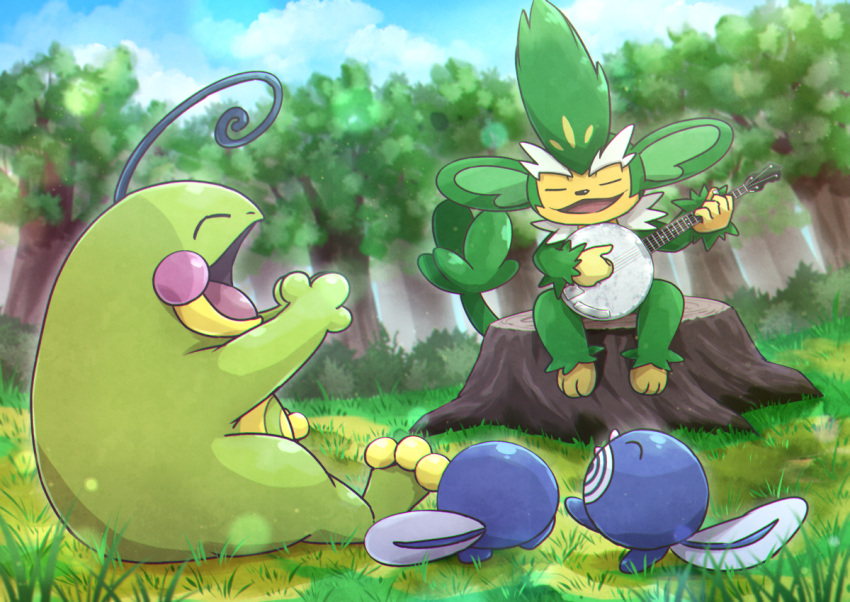 banjo blue_sky clapping closed_eyes cloud holding holding_instrument instrument kotobukkii_(yt_lvlv) music on_grass open_mouth outdoors playing_instrument pokemon pokemon_(creature) politoed poliwag simisage sitting sitting_on_tree_stump sky smile tree tree_stump