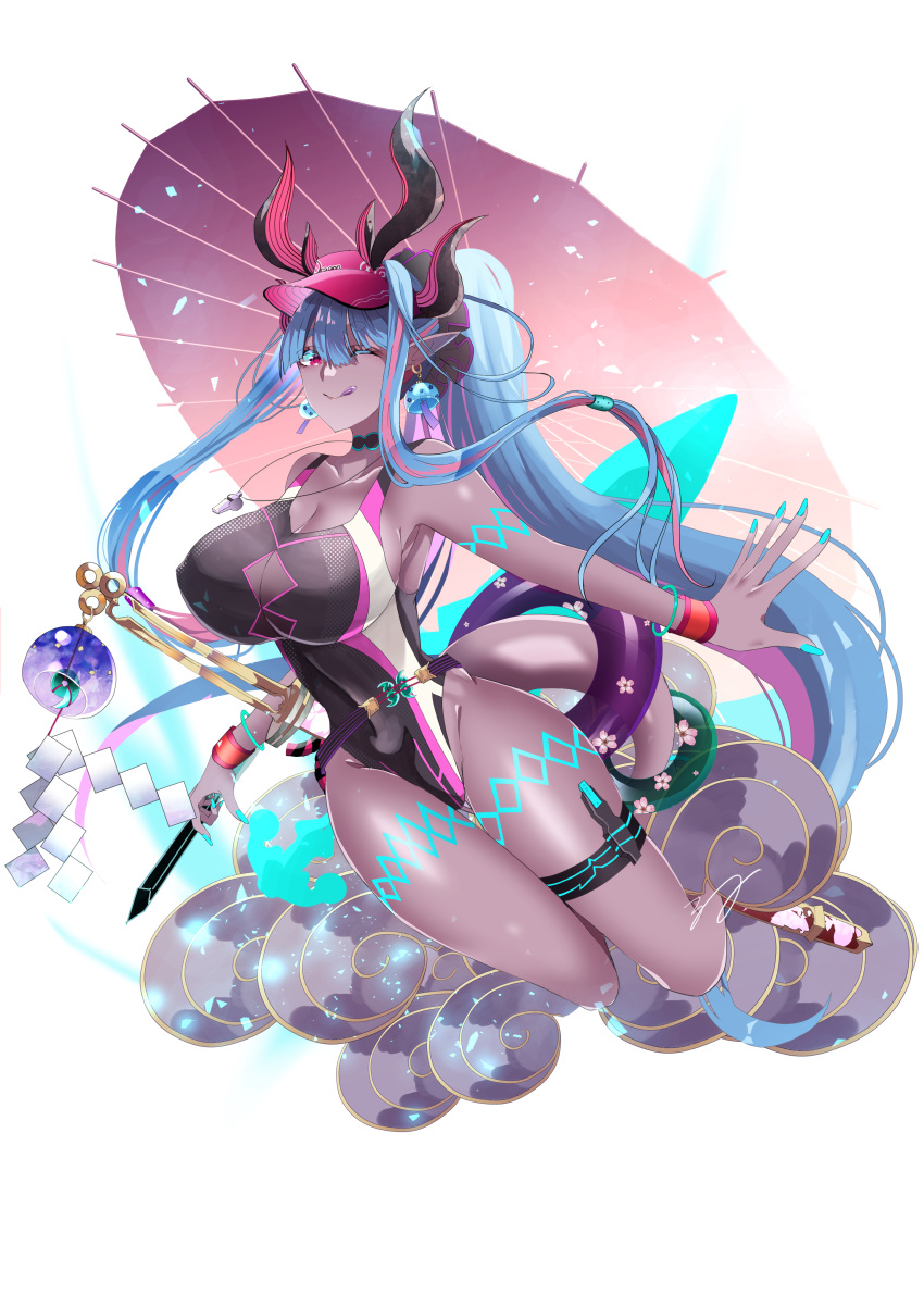 1girl absurdres bare_shoulders black_one-piece_swimsuit blue_hair blush body_markings breasts cleavage cloud collarbone colored_skin covered_navel earrings fate/grand_order fate_(series) grey_skin highleg highleg_swimsuit highres horns ibuki_douji_(fate) ibuki_douji_(swimsuit_berserker)_(fate) ibuki_douji_(swimsuit_berserker)_(first_ascension)_(fate) innertube jewelry katana large_breasts licking_lips long_hair looking_at_viewer multicolored_hair oil-paper_umbrella one-piece_swimsuit one_eye_closed oni oni_horns pink_hair pink_headwear pink_one-piece_swimsuit pointy_ears ponytail red_eyes sidelocks smile solo swimsuit sword tail thigh_strap thighs tongue tongue_out two-tone_swimsuit umbrella umiyohaseusu visor_cap weapon wristband