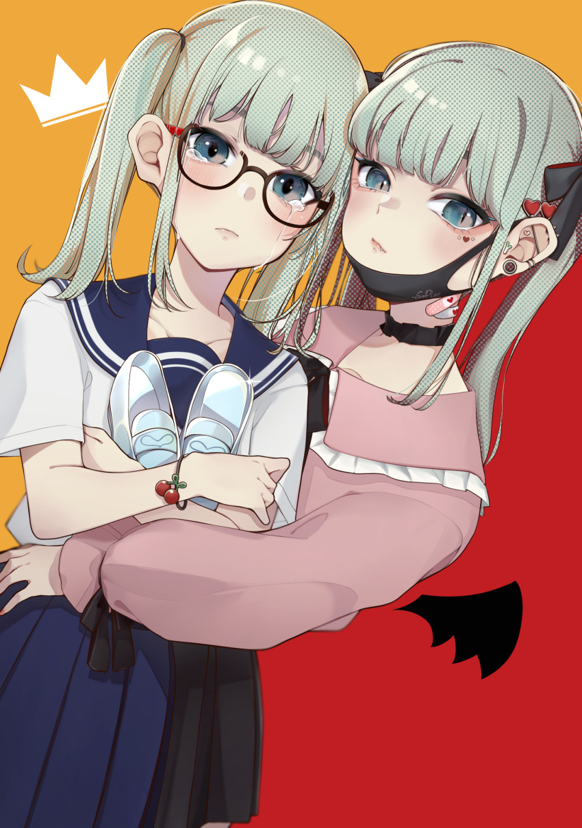 2girls :/ absurdres aqua_hair bandaid bandaid_on_neck bat_wings bespectacled black-framed_eyewear black_choker black_mask black_ribbon black_skirt black_wings blouse blue_eyes blue_sailor_collar blue_skirt blunt_bangs bracelet choker cinderella_(vocaloid) closed_mouth collared_shirt commentary cowboy_shot creator_connection crown crying crying_with_eyes_open dual_persona dutch_angle ear_piercing earrings facial_mark fang food-themed_bracelet frilled_shirt_collar frills frown glass_slipper glasses glint hair_ornament hair_ribbon halftone hand_on_own_arm hatsune_miku heart heart_facial_mark heart_hair_ornament highres holding holding_clothes holding_footwear hug hug_from_behind jewelry long_hair long_sleeves looking_at_viewer mask mini_wings mouth_mask multiple_girls multiple_persona neck_ribbon object_hug orange_background piercing pink_lips pink_shirt pleated_skirt puffy_long_sleeves puffy_sleeves red_background ribbon sailor_collar school_uniform semi-rimless_eyewear serafuku shirt short_sleeves skirt striped stud_earrings tears twintails two-tone_background two-tone_shirt under-rim_eyewear uni_zarigani vampire_(vocaloid) vocaloid white_serafuku white_shirt white_stripes wings