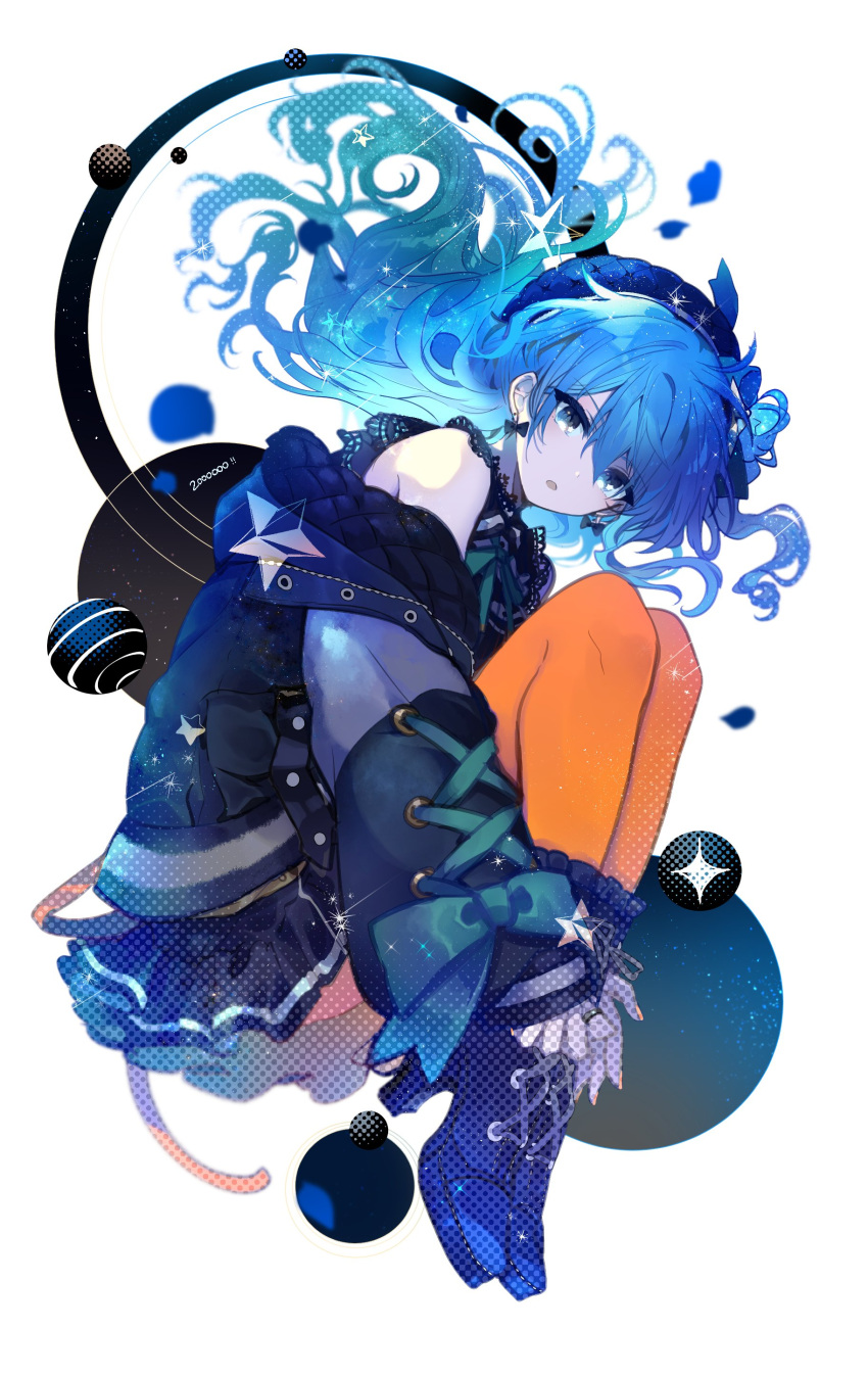 1girl absurdres bare_shoulders blue_eyes blue_footwear blue_hair boots cyawa full_body highres long_hair long_sleeves off_shoulder open_mouth original sleeves_past_wrists solo
