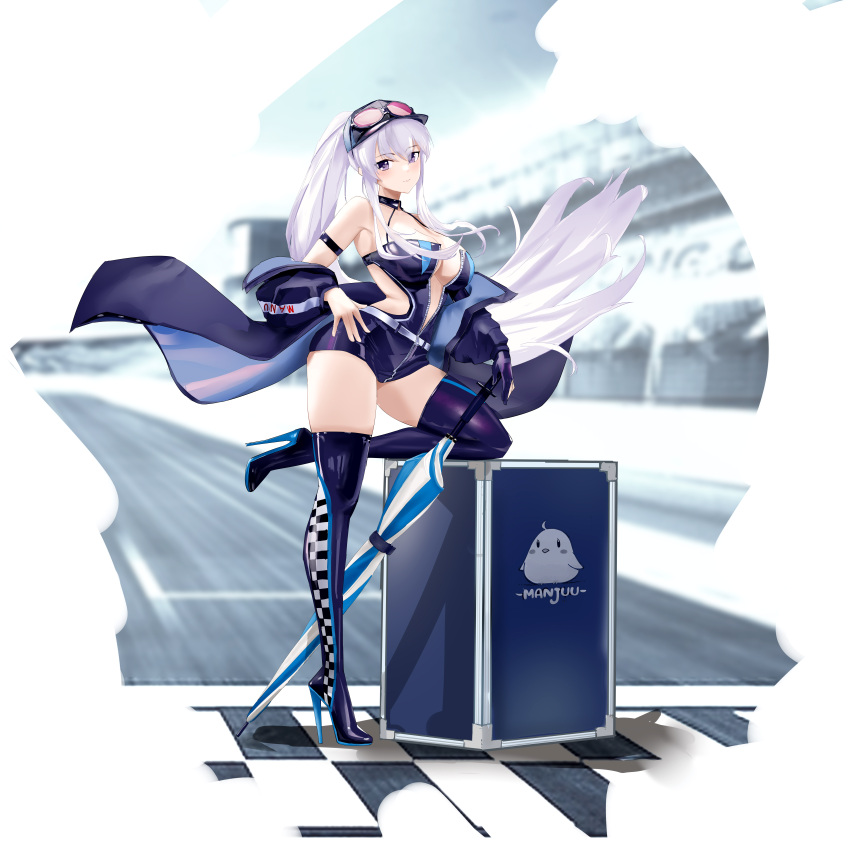 1girl absurdres azur_lane bare_shoulders boots breasts cleavage closed_mouth closed_umbrella collarbone dress elbow_gloves enterprise_(azur_lane) enterprise_(wind_catcher)_(azur_lane) eyewear_on_headwear full_body gloves grey_hair high_heel_boots high_heels highres latex latex_boots latex_dress latex_gloves leg_up long_hair looking_at_viewer medium_breasts official_alternate_costume ponytail purple_eyes race_queen short_dress single_glove skirt smile solo sunglasses suo_bu_ye_feng thigh_boots thighhighs thighs umbrella very_long_hair