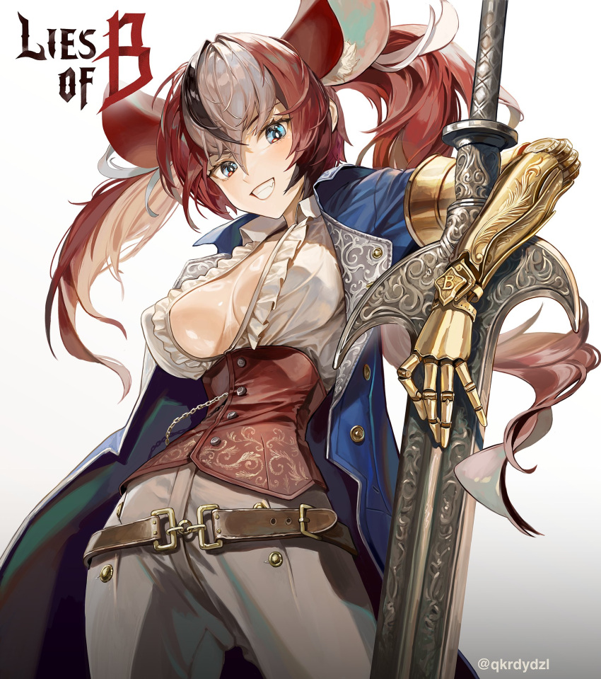 1girl animal_ear_fluff animal_ears belt black_hair blue_eyes breasts brown_belt cosplay frilled_shirt frills gold_armor grey_pants hakos_baelz highres hololive hololive_english jacket lies_of_p long_hair looking_at_viewer medium_breasts mouse_ears mouse_girl multicolored_hair open_clothes open_jacket pants pinocchio_(lies_of_p) pinocchio_(lies_of_p)_(cosplay) red_hair santafe99 shirt smile solo streaked_hair sword twintails virtual_youtuber weapon white_hair