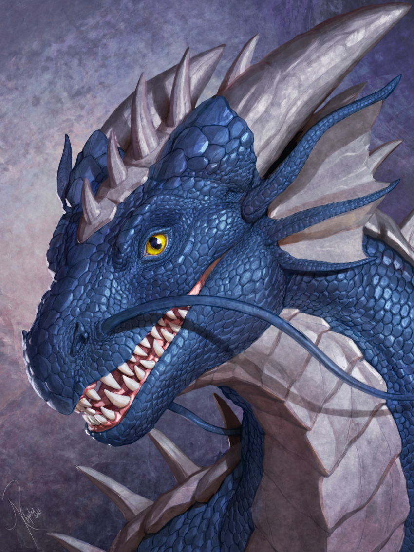 2023 ambiguous_gender blue_body blue_scales dated detailed ear_frill feral frill_(anatomy) glistening glistening_eyes grey_body grey_frill grey_horn grey_scales hi_res horn khyaber open_mouth red_tongue scales simple_background solo tongue yellow_eyes