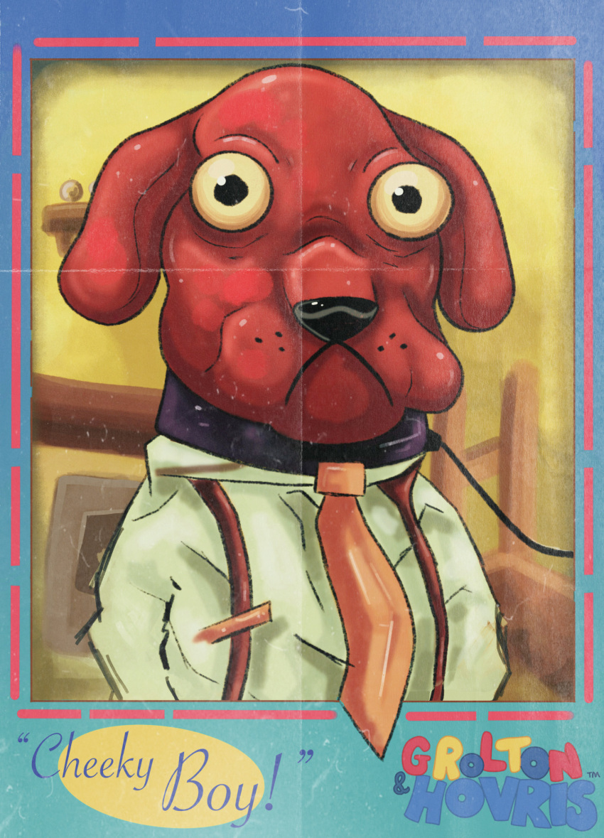 anthro canid canine canis clothed clothing collar detailed_background domestic_dog don't_hug_me_i'm_scared floppy_ears frown hi_res hovris_(dhmis) leash leashed_collar male mammal necktie on_model pidgequill poster quote red_body shirt solo suspenders title topwear whisker_spots
