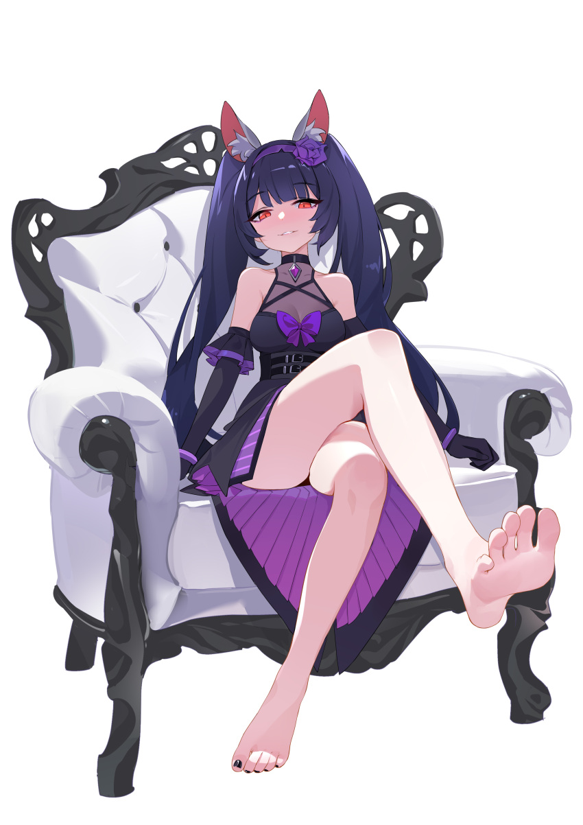 1girl absurdres animal_ear_fluff animal_ears bare_shoulders barefoot black_dress black_nails blue_hair blunt_bangs bob_(pixiv49522586) bow bracelet breasts buckle chair choker cleavage commission commissioner_upload dark_blue_hair dress easy_chair elbow_gloves feet foot_focus foreshortening fox_ears fox_girl gem gloves highres jewelry mikan_(rayer) nail_polish original pedicure pixiv_commission presenting_foot princess purple_bow red_eyes see-through slit_pupils soles solo strap toes translucent twintails