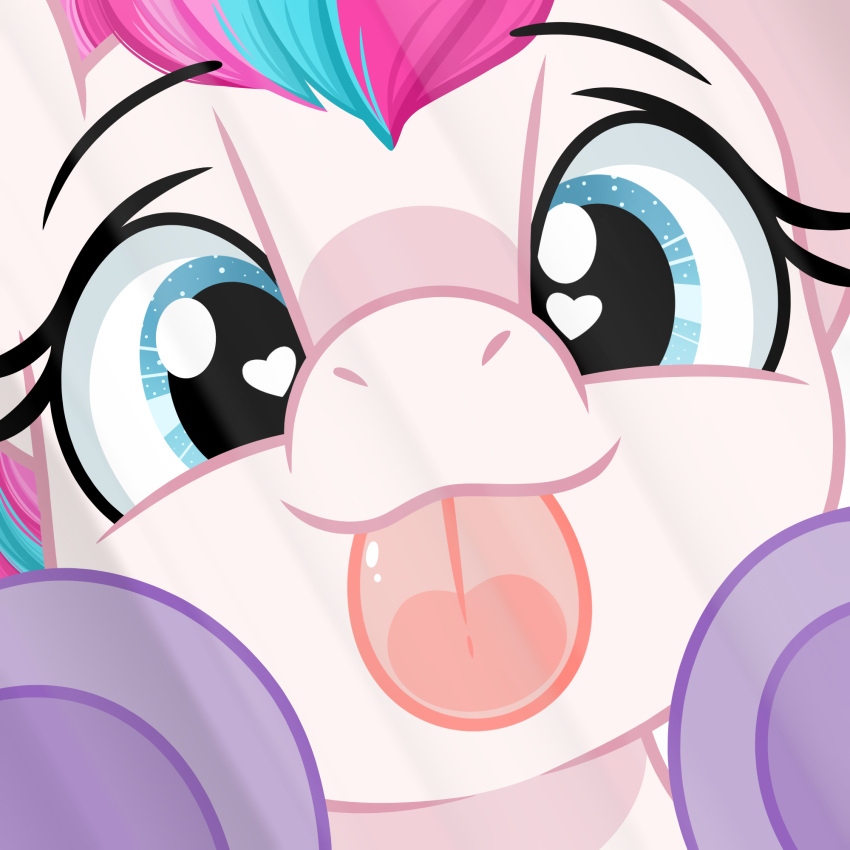 &lt;3 &lt;3_eyes 2023 blue_eyes breaking_the_fourth_wall bust_portrait digital_media_(artwork) emberslament equid equine eyebrows eyelashes female feral hair hasbro hi_res hooves horse licking looking_at_viewer mammal mlp_g5 my_little_pony pink_hair pony portrait smile tongue tongue_out underhoof white_body zipp_storm_(mlp)