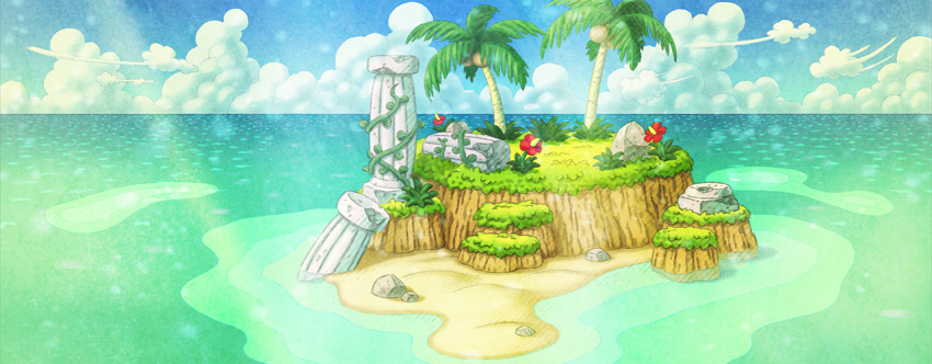 artist_request beach blue_sky cloud coconut coconut_tree commentary day english_commentary flower fushigi_no_dungeon game_cg grass horizon island light_particles light_rays no_humans ocean official_art outdoors palm_tree pillar plant pokemon pokemon_(game) pokemon_mystery_dungeon red_flower rock ruins sand scenery sky sunlight third-party_source tree vines water wide_shot