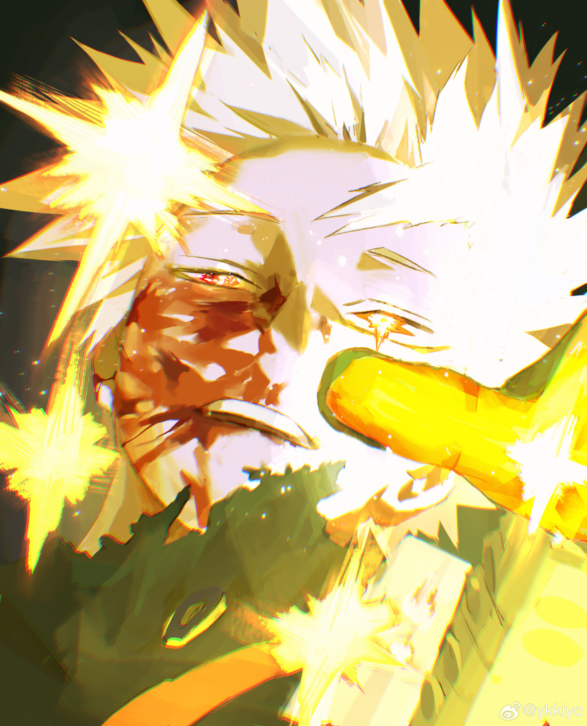 1boy absurdres asymmetrical_irises bakugou_katsuki black_background bleeding blonde_hair blood blood_from_mouth blood_on_face boku_no_hero_academia chinese_commentary chromatic_aberration close-up commentary_request diffraction_spikes floating_hair gloves glowing green_gloves hand_up heterochromia high_collar highres light looking_at_viewer male_focus narrowed_eyes open_mouth orange_eyes orange_gloves portrait reaching reaching_towards_viewer red_eyes short_hair solo sparkle spiked_hair spoilers teeth upper_teeth_only weibo_logo weibo_username yellow_theme ykkiyo