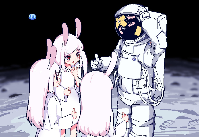 1other 3girls animal_ears astronaut bandaid blush broken_glass chibikki commentary crack cracked_glass crossed_bandaids dot_nose dress earth_(planet) english_commentary glass helmet highres long_hair long_sleeves moon moon_rabbit multiple_girls on_moon open_mouth original pixel_art planet rabbit_ears rabbit_girl red_eyes space space_helmet spacesuit standing thumbs_up white_dress white_hair wide_sleeves