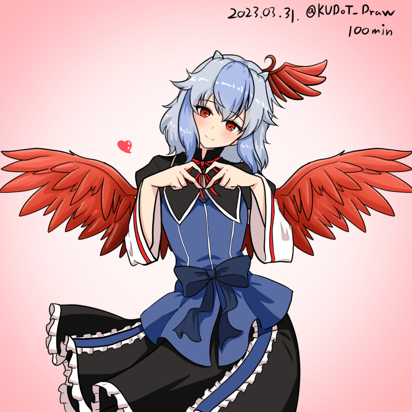 1girl bird_wings black_capelet black_skirt capelet closed_mouth commentary dated frilled_skirt frills gradient_background grey_hair head_wings heart heart_hands highres horns ldschem16 long_sleeves multicolored_hair one-hour_drawing_challenge pink_background purple_hair red_eyes red_wings short_hair single_head_wing skirt smile solo tokiko_(touhou) touhou twitter_username two-tone_hair wings