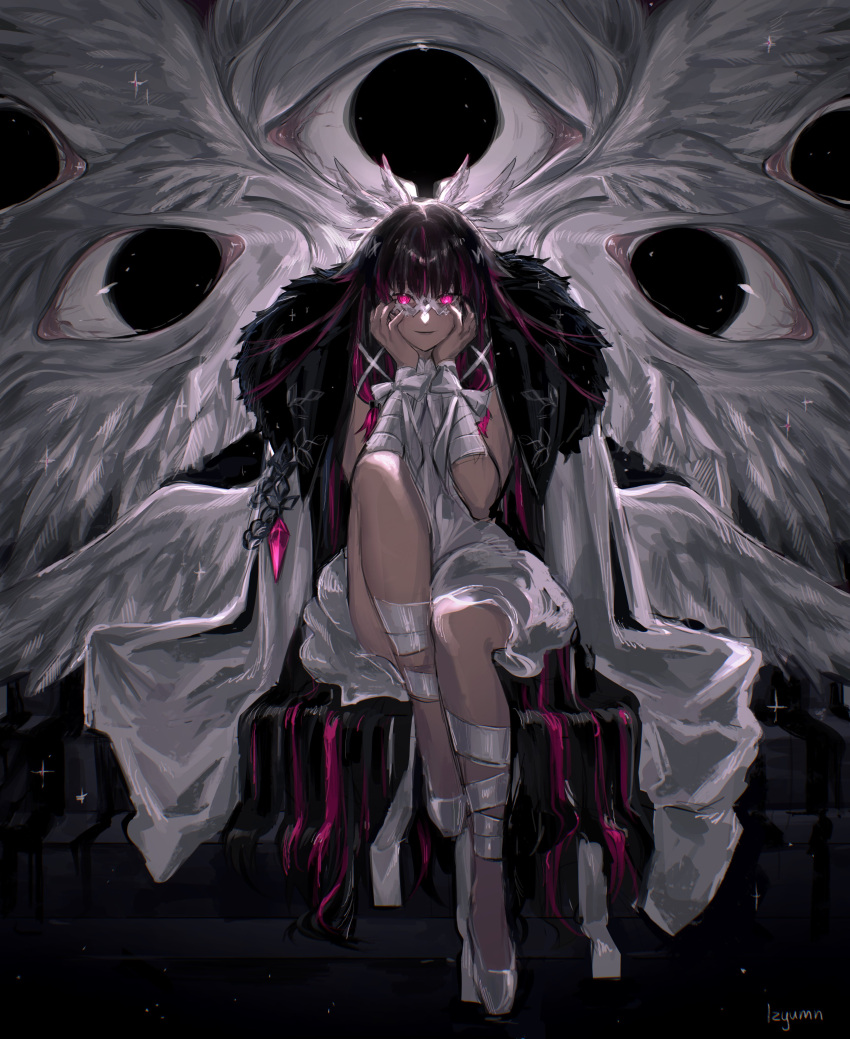 1girl absurdres bandaged_wrist bandages black_hair blunt_bangs bow coat coat_on_shoulders columbina_(genshin_impact) dress eye_mask facing_viewer fur-trimmed_coat fur_trim genshin_impact hair_wings head_wings highres izyumn long_hair multicolored_hair pink_hair sitting streaked_hair two-tone_hair unusually_open_eyes very_long_hair white_coat white_dress white_mask