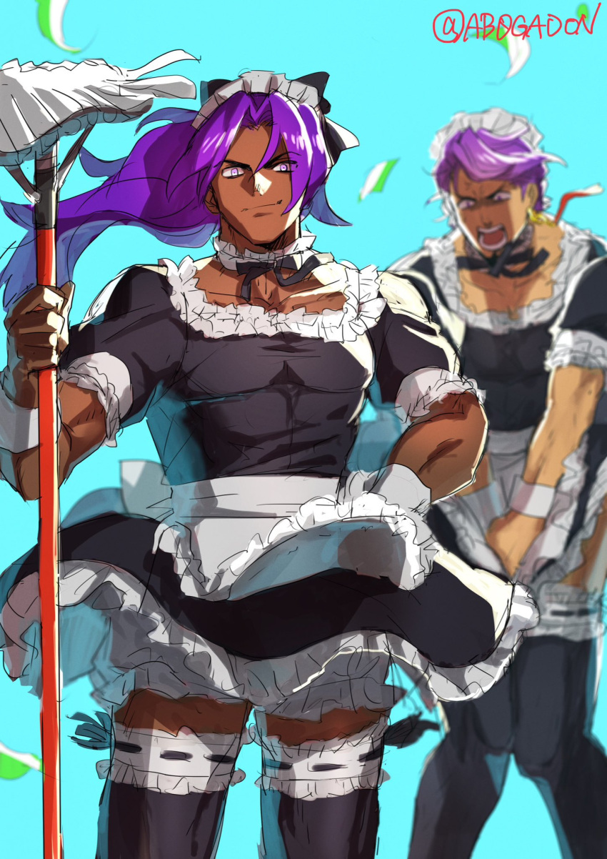 2boys alternate_costume apron artist_name bhima_(fate) blue_background broom collarbone covering covering_crotch cowboy_shot crossdressing dark-skinned_male dark_skin duryodhana_(fate) earrings facial_hair fate/grand_order fate_(series) goatee goatee_stubble highres holding holding_broom jewelry long_hair looking_at_viewer maid maid_apron maid_headdress male_focus mature_male multiple_boys muscular muscular_male purple_eyes purple_hair ruchi short_hair simple_background single_earring white_apron