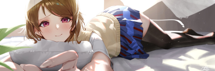1girl absurdres black_thighhighs blue_skirt blush brown_hair chanism! closed_mouth commentary commission highres koizumi_hanayo looking_at_viewer love_live! love_live!_school_idol_project lying object_hug pillow pillow_hug pixiv_commission pleated_skirt reaching reaching_towards_viewer red_eyes shirt short_hair short_sleeves skirt smile solo sweater thighhighs white_shirt yellow_sweater zettai_ryouiki