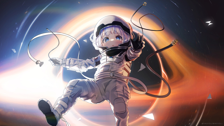 1girl absurdres black_hole blue_eyes falling frown gawr_gura hands_up helmet highres hololive krita_(medium) leg_up looking_at_viewer nasa_logo open_mouth raviolimavioli reaching reaching_towards_viewer space spacesuit suit tears white_hair white_suit