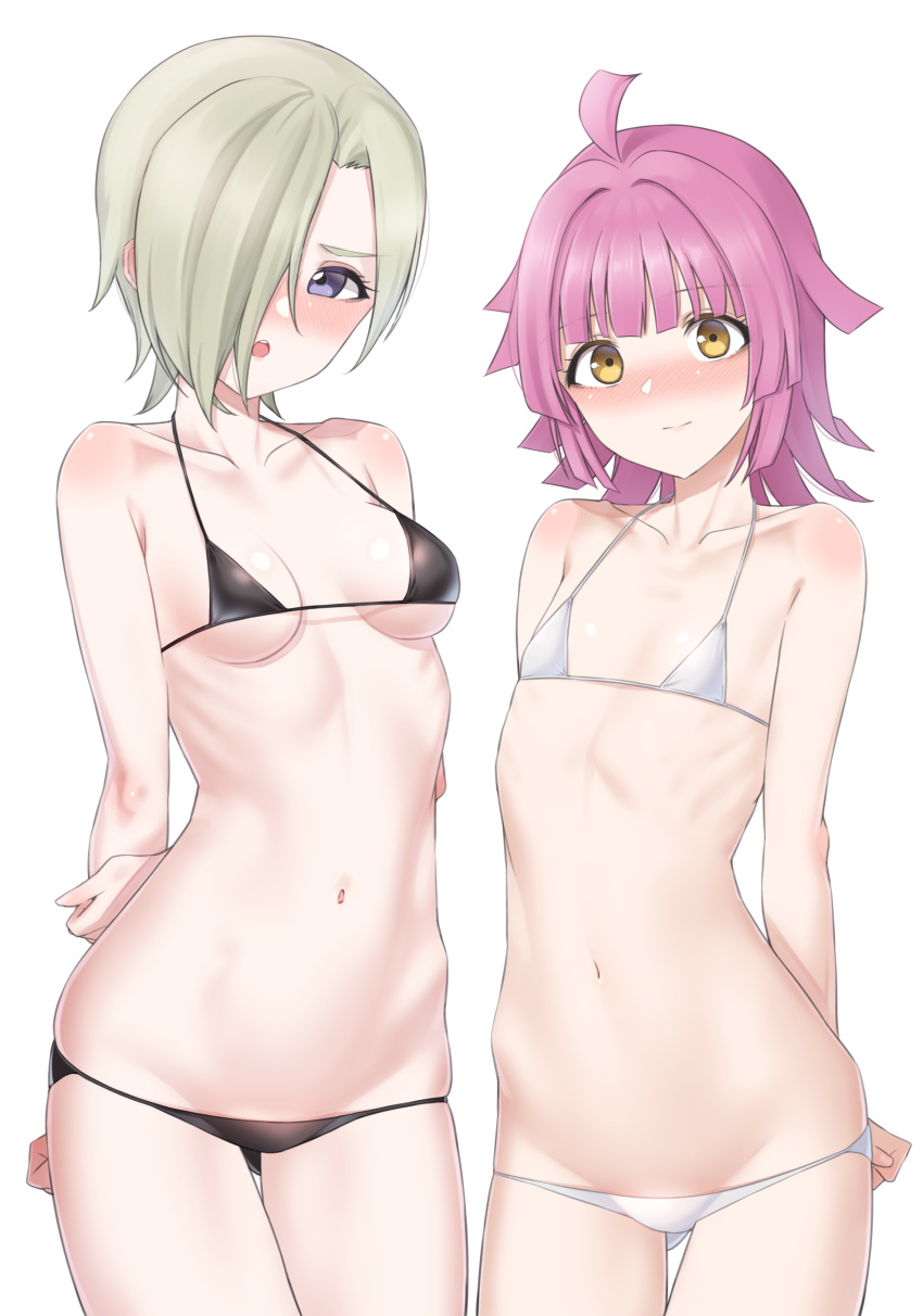 2girls absurdres ahoge arms_behind_back ass_visible_through_thighs asymmetrical_bangs bare_arms bare_shoulders bikini black_bikini blonde_hair blunt_bangs blunt_ends blush breasts closed_mouth commentary cowboy_shot flat_chest groin hair_over_one_eye halterneck hand_on_own_arm highres looking_at_viewer love_live! love_live!_nijigasaki_high_school_idol_club lowleg lowleg_bikini medium_hair mia_taylor micro_bikini multiple_girls nasuno_(nasuno42) navel nose_blush one_eye_covered parted_lips pink_hair purple_eyes ribs simple_background small_breasts standing stomach string_bikini swimsuit teeth tennouji_rina thigh_gap upper_teeth_only white_background white_bikini yellow_eyes