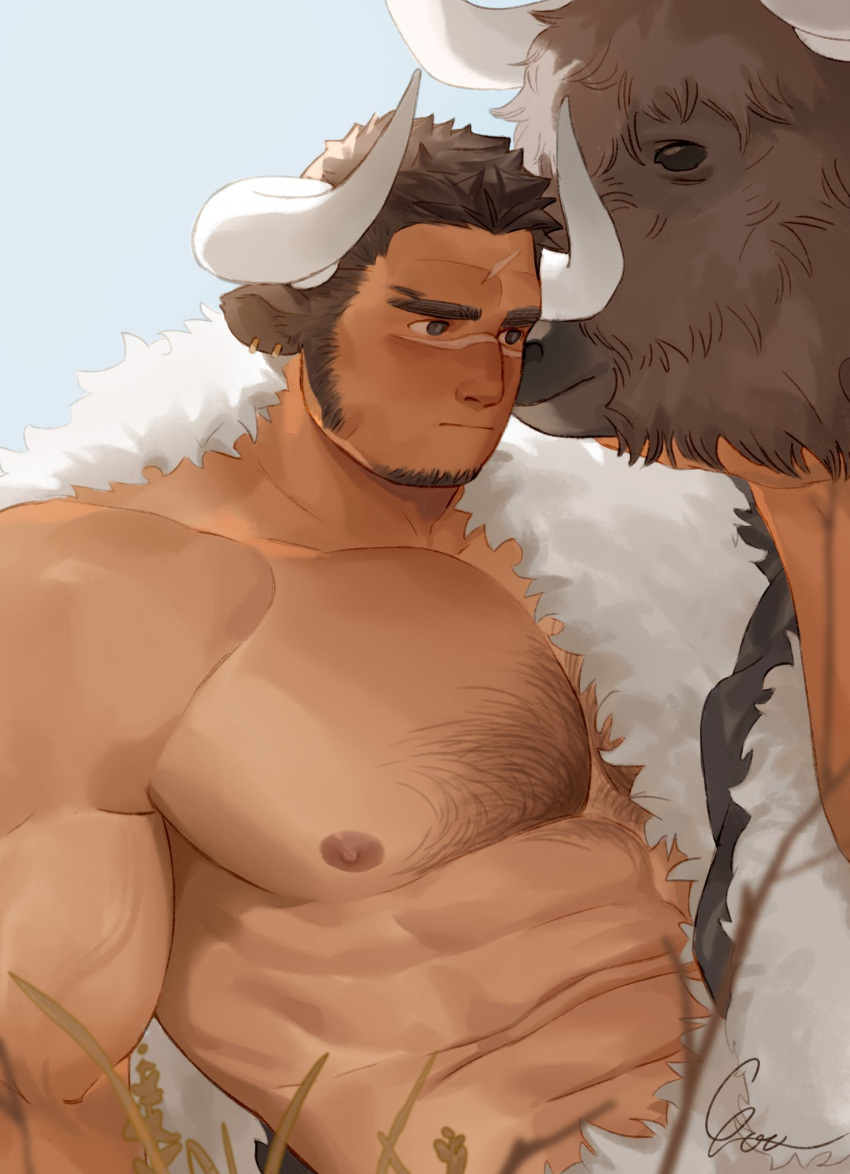 1boy abs animal animal_ears bara chest_hair closed_mouth cow cow_boy cow_ears cow_horns facial_hair goo_(koushishikou11) highres horns large_pectorals male_focus muscular muscular_male nipples original pectorals scar scar_on_face scar_on_nose sideburns upper_body