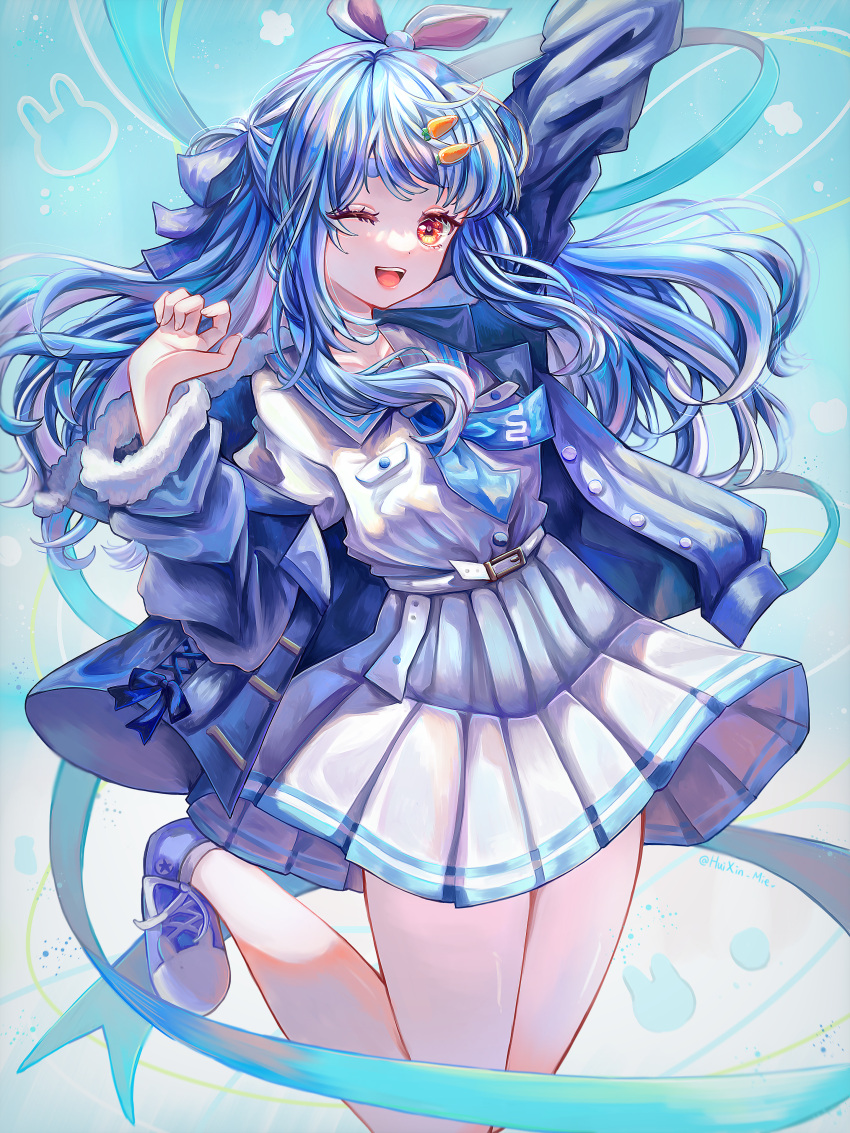 1girl ;d absurdres animal_ears arm_at_side arm_up belt blue_footwear blue_hair blue_jacket blue_neckerchief breasts carrot_hair_ornament commentary_request dress food-themed_hair_ornament fur-trimmed_jacket fur_trim hair_ornament hand_up highres hololive huixin_mie jacket jumping long_hair looking_at_viewer multicolored_hair neckerchief official_alternate_costume one_eye_closed open_mouth orange_eyes pleated_dress rabbit-shaped_pupils rabbit_ears red_eyes sailor_collar sailor_dress shoes short_hair sidelocks small_breasts smile sneakers solo swept_bangs symbol-shaped_pupils thick_eyebrows two-tone_hair usada_pekora usada_pekora_(4th_costume) virtual_youtuber white_belt white_dress white_hair white_sailor_collar