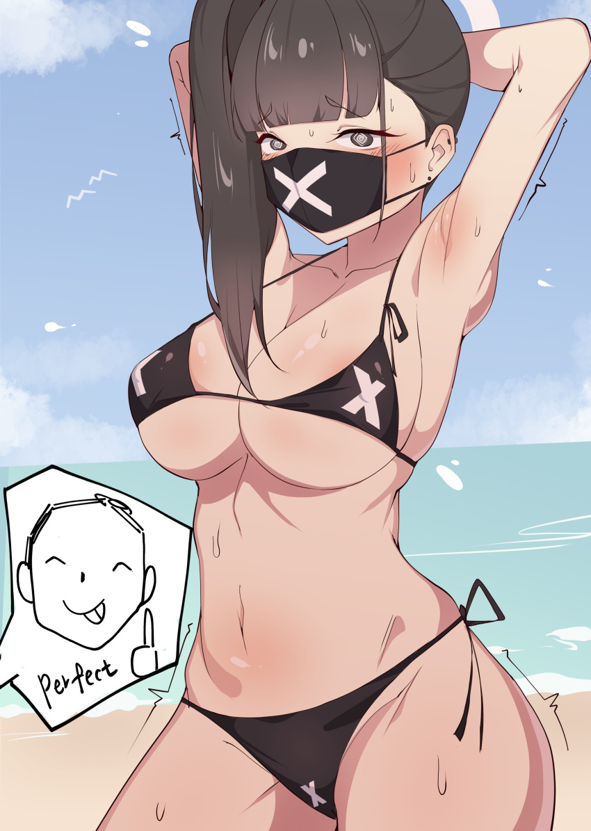 1girl @_@ absurdres armpits arms_up arona's_sensei_doodle_(blue_archive) bare_shoulders beach bikini black_bikini black_eyes black_hair blue_archive blue_sky blunt_bangs breasts cloud collarbone commentary cowboy_shot day highres kkry99 large_breasts mask mouth_mask navel ocean sensei_(blue_archive) side-tie_bikini_bottom side_ponytail sky standing stomach sukeban_(smg)_(blue_archive) swimsuit water
